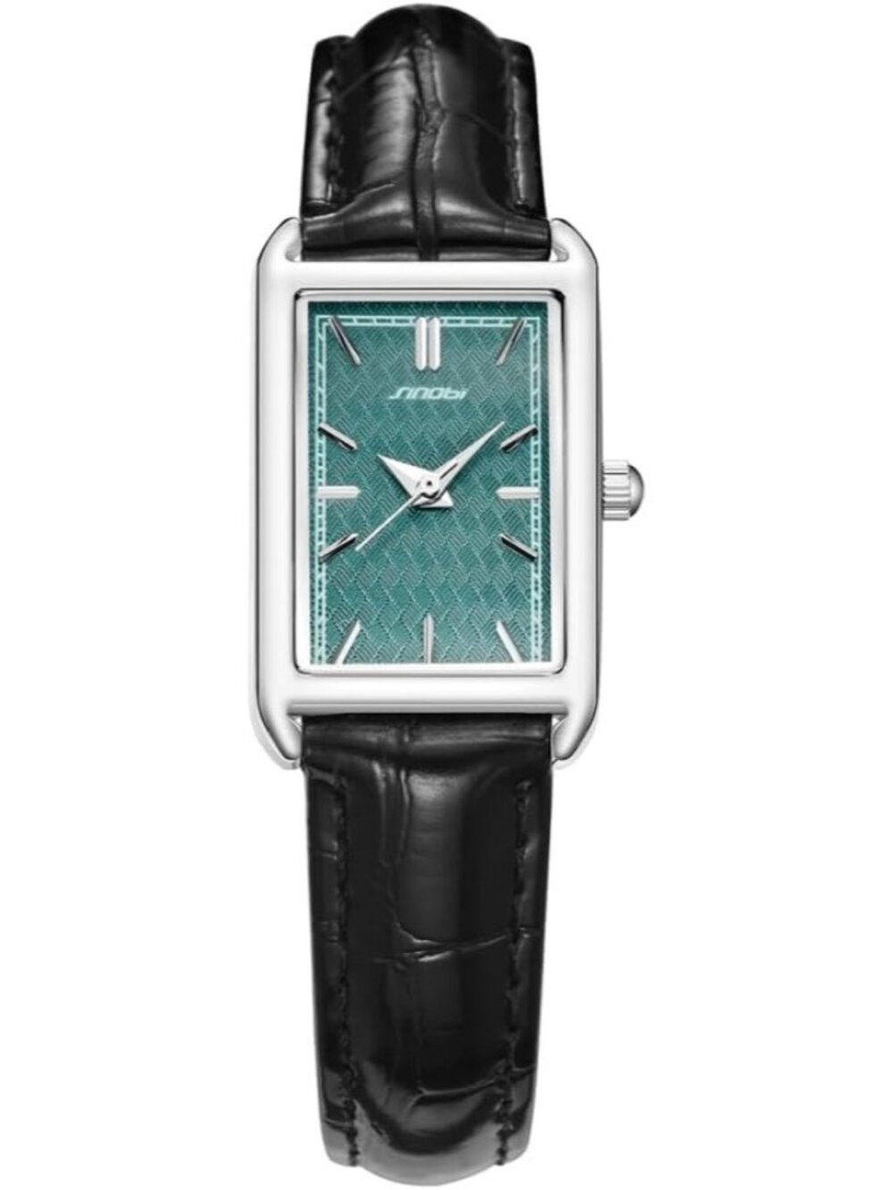 Women's Silver-Green Minimalist Causal Square Leather Strap Stylish Wrist Watch